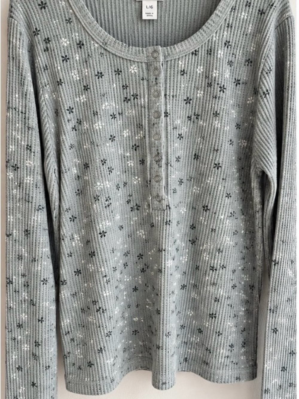 Orvis Heather sage/gray Floral Rib-Knit Henley long sleeve Top